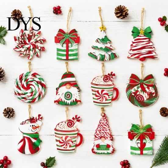 Handmade Wooden Ornaments for Holidays 12/24/36 Pcs Christmas Set, Red Green Striped Candy Cane Tree Country Style Decorations, Xmas Hanging