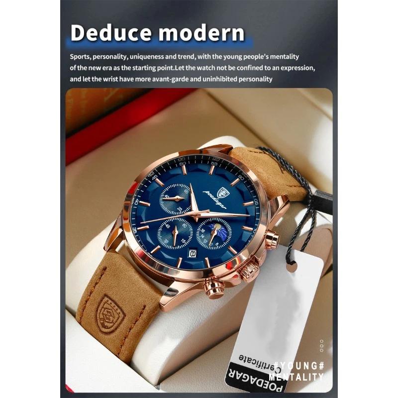 POEDAGAR Luxury Man Wristwatch Sports Leather Quartz Watch Waterproof Luminous Calendar Chronograph Watches Male Clock