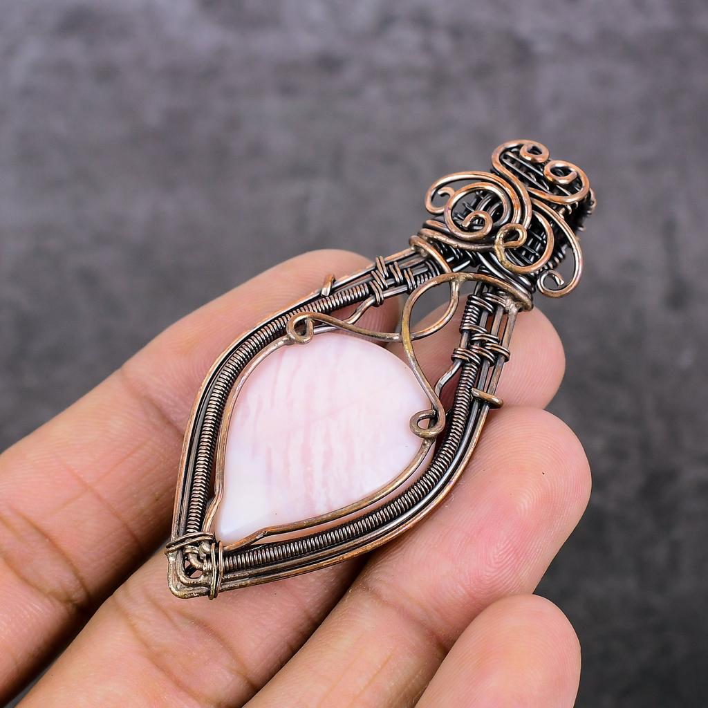 Natural Pink Opal Gemstone Handmade Copper Wire Wrap Jewelry Pendant 2.76" K8S26