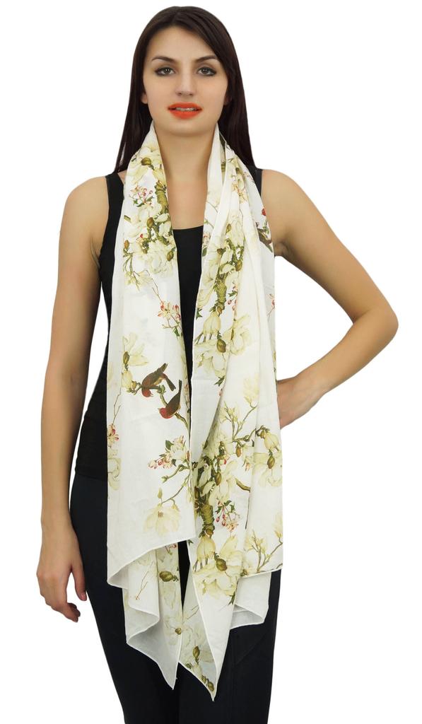 Phagun Floral & Bird Print Women Neck Wrap Scarf Sarong Cotton Voile