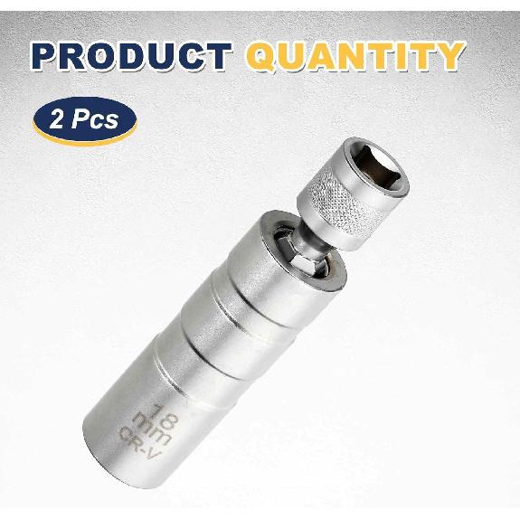 HARFINGTON 2pcs Spark Plug Socket Set 3/8" Drive 18mm Swivel Magnetic 12 Point Thin Wall Spark Plug Socket with 360 Degree Swivel CR-V Steel, Silver