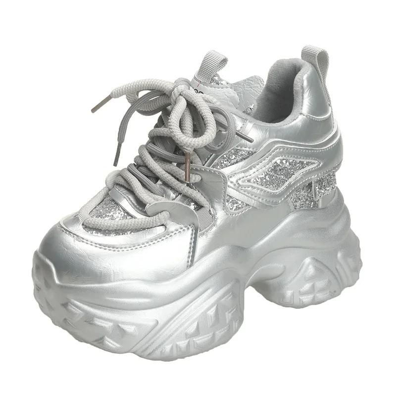 Fashion Women Chain Chunky Sneakers White Black Fashion 10CM Thick Sole Casual Ladies Vulcanized Shoes Sport High Platform Sneaker Woman