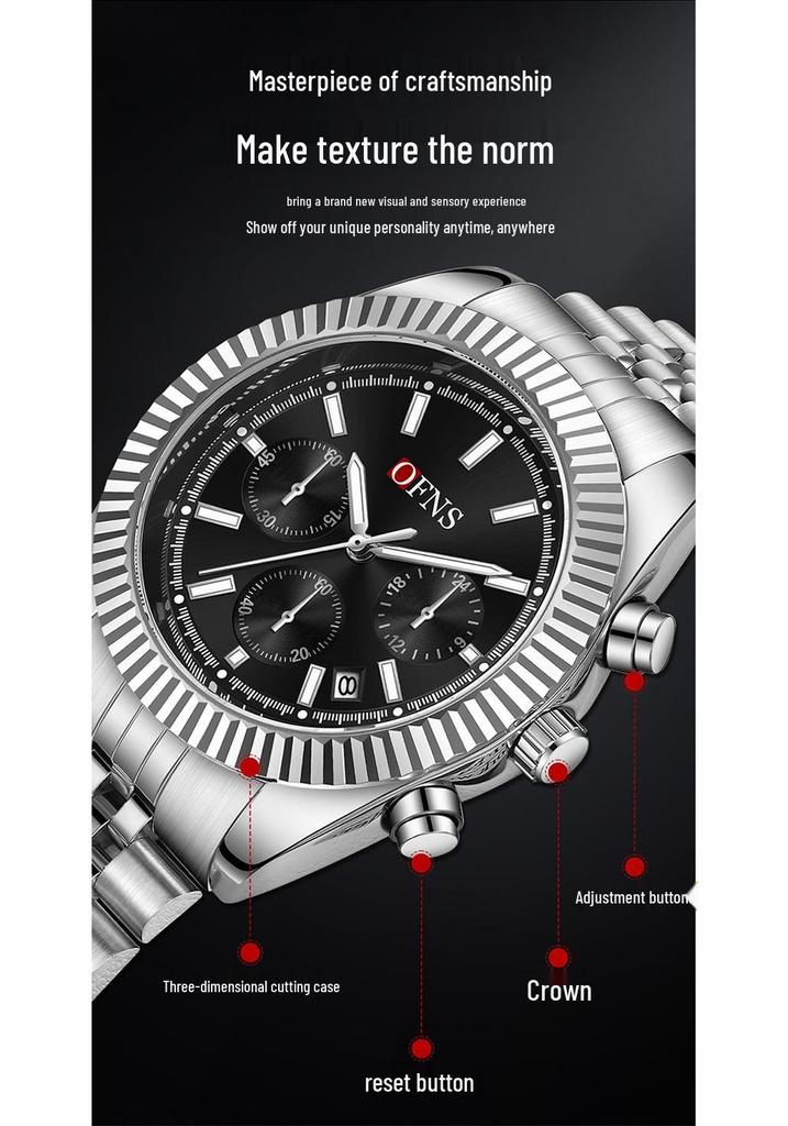 Oufannishi Men's Multifunction Chronograph Quartz Watch with Calendar and Stainless Steel Band, Waterproof Design