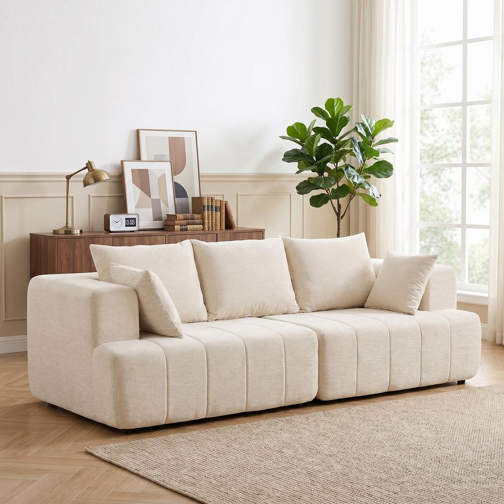 Chenille Sofa, 3-Seater, 248 cm, Wide Padded Seat, Spring Cushions, Beige
