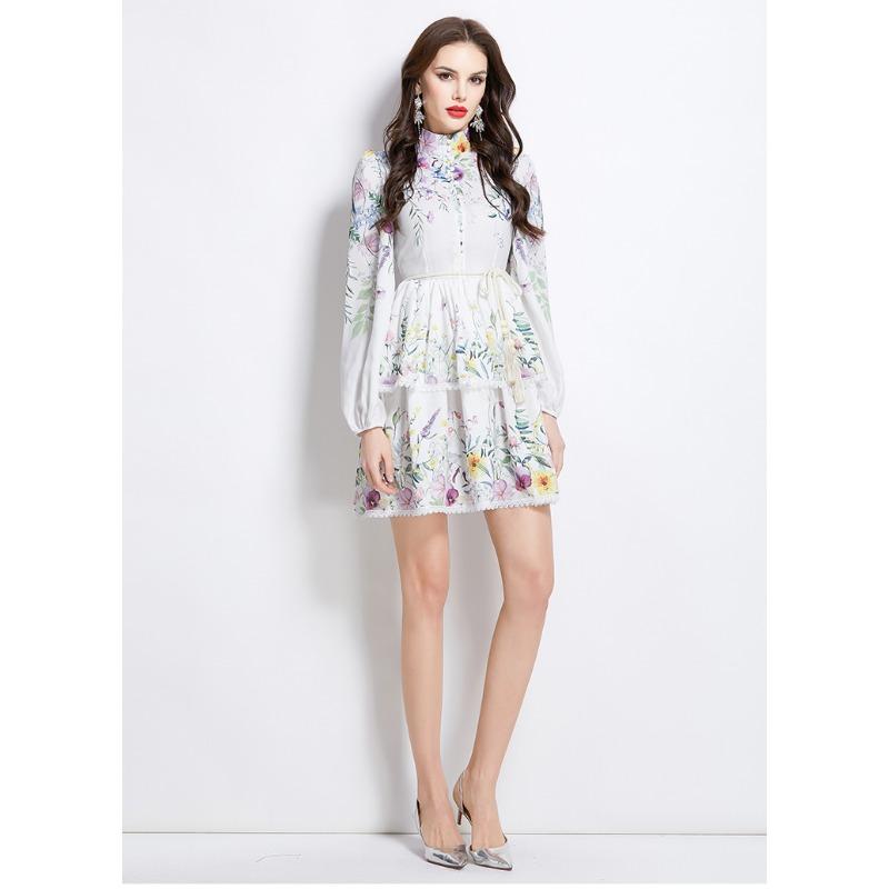 Summer Autumn Women Print Flower Single Breasted Lace Hem Mini Short Wedding Party Dresses with Belt