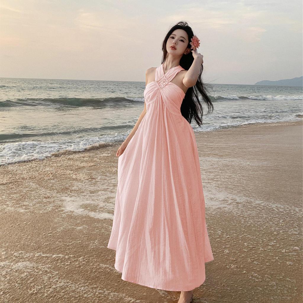 French Peach Pink Spaghetti Strap Slimming Slit Gown