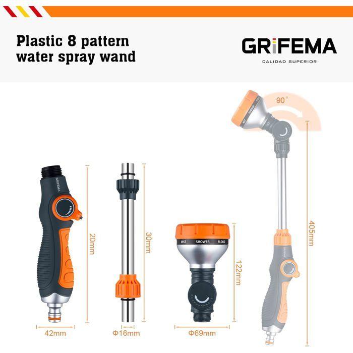 Pistolet d'arrosage - GRIFEMA - GE1305 - 8 modèles - Débit d'eau contrôlable - ABS et acier inoxydable 304