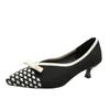 Temperament bow new high heels women's knitted woven shoes square head light mouth cat heel single shoes