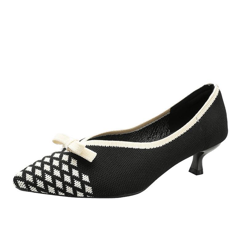 Temperament bow new high heels women's knitted woven shoes square head light mouth cat heel single shoes