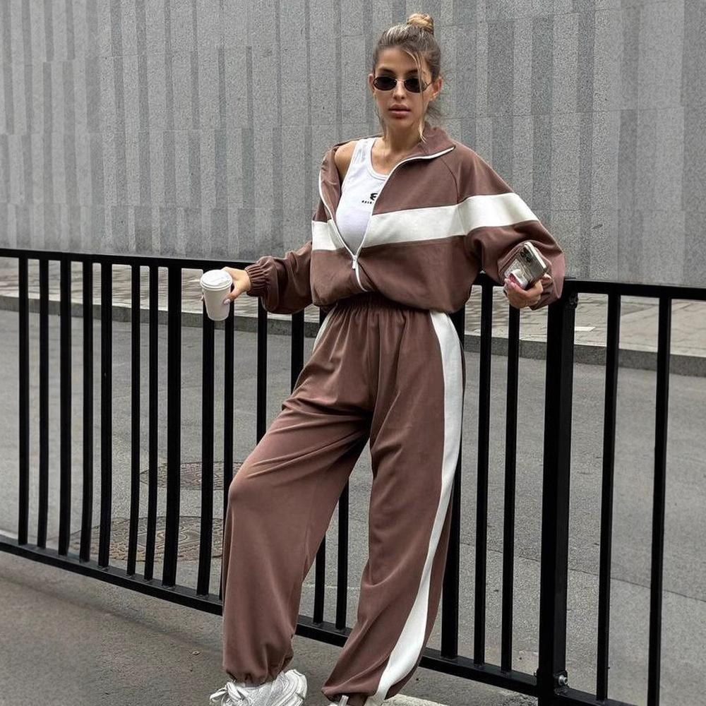 Fashion European and American suits Casual sports suits Zipper cardigan trousers Two-piece suit Women