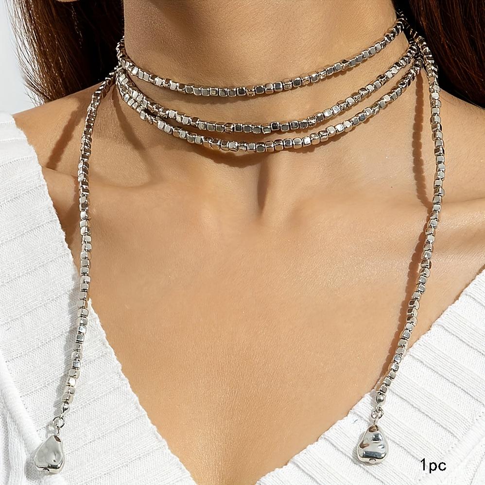 1pc Women s Plated Square Bead Necklace with Geometric Triangle Pendant - Layered Collarbone Chain, Modern Minimalist Beaded