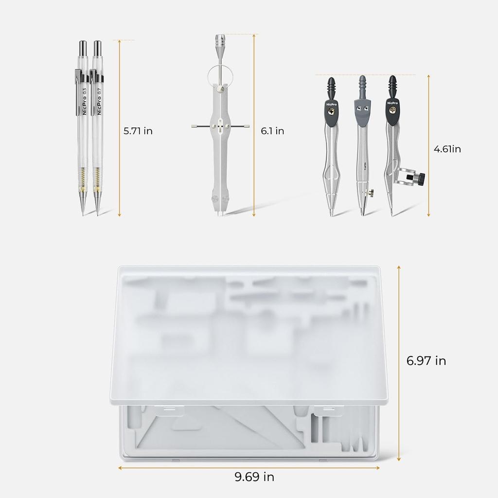 Nicpro 22 PCS Compass Geometry Tools with Case, Drafting Tools Geometry Set with Swing Arm Protractor, Rulers, Metal Compass, Square Set, Mechanical