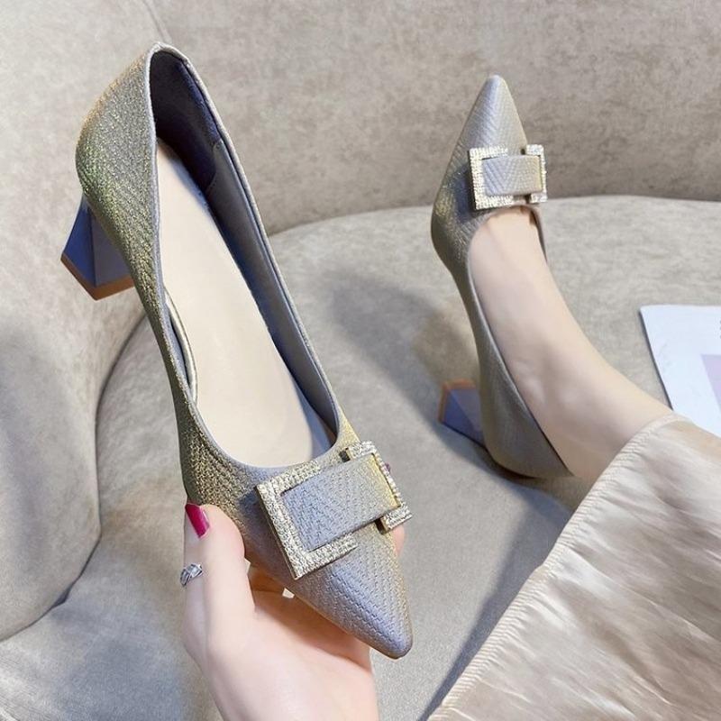 

Fashion Special Heel Single Shoes Autumn New Pointed Toe Shallow Mouth Crystal Square Buckle Slip Anti-slip Wear-resistant High Heels 34 синий