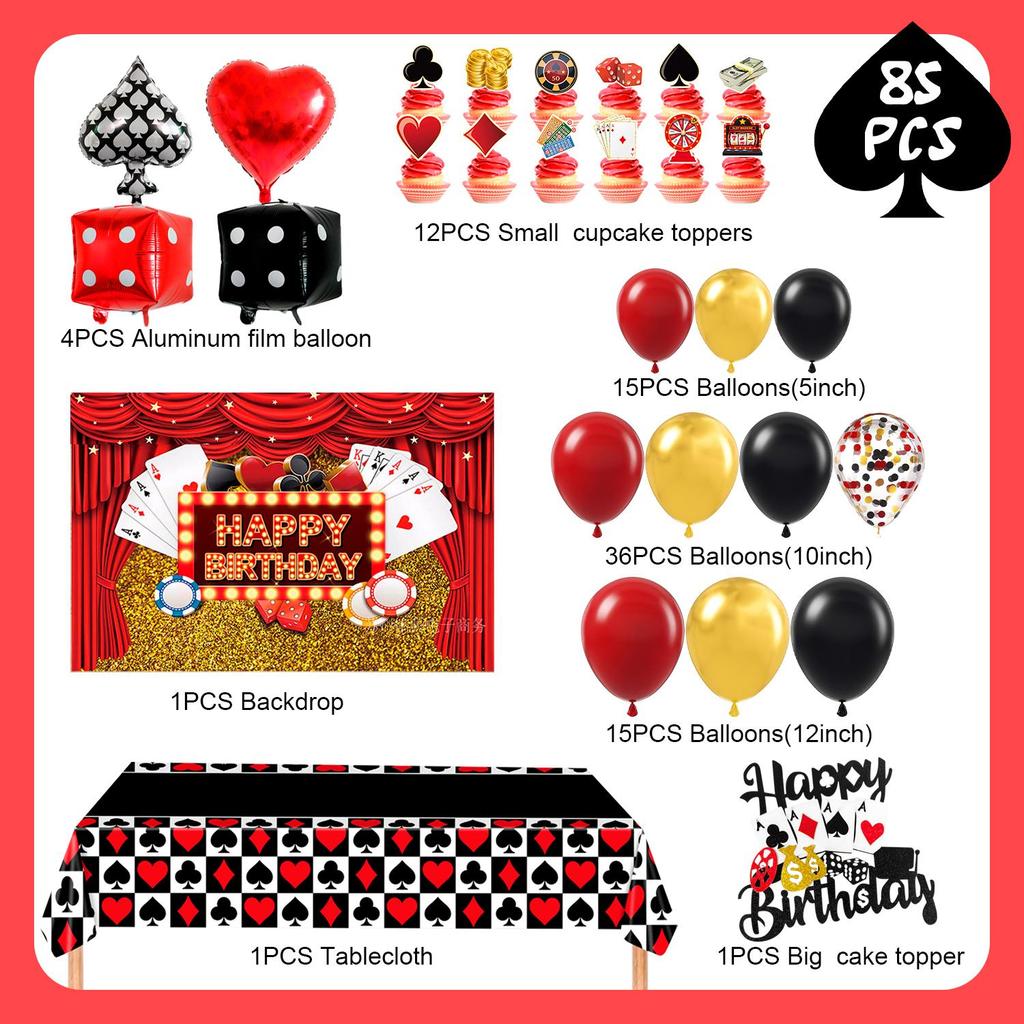 85 Piezas Decoraciones para Fiesta de Casino, Suministros para Fiesta Temática de Casino - Globos para Fiesta de Casino, Fondo, Adorno para Tarta, Mantel, etc. Decoraciones para Fiesta de Las Vegas