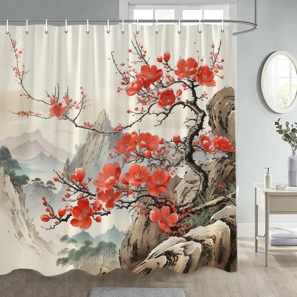 Japanese Style Flowers Bird Shower Curtain Beautiful Girl Red Floral Abstract Mountain Ink Art Landscape Decor Bathroom Curtains