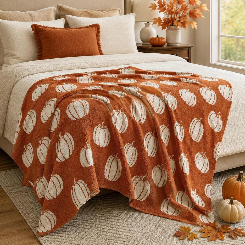 Double-Sided Pumpkin Thanksgiving Throw Blanket, Soft Plush Cozy Fall Decor for Couch and Bed,