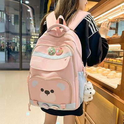 Mochila de urso colorida doce e fresca estilo Harajuku de alto valor, mochila leve e de grande capacidade para alunos do ensino fundamental