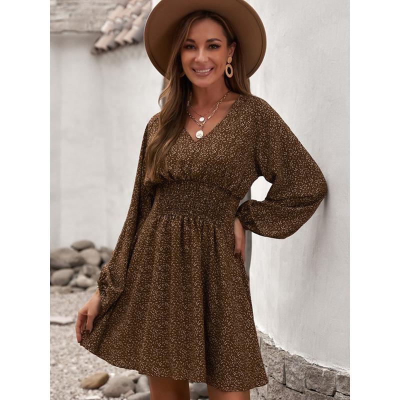 Summer New Polka Dot Women's Dress, Pullover V-neck Long-sleeved Pleated Waist Floral Slim-fit Skirt