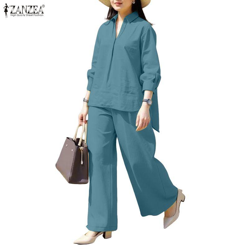 ZANZEA Bluză și pantaloni cu mânecă lungă pentru femei Seturi casual din două piese