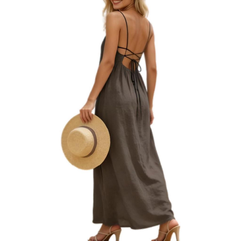Women's Summer Dress Backless Spaghetti Strap Loose Flowy Long Cami Dresses Casual Loose Holiday Party Beach Maxi Sundress