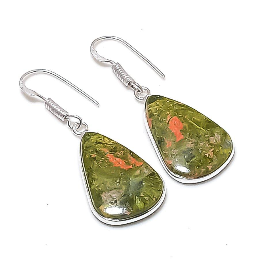 Натуральный камень Унакит Ручная работа Серьги из стерлингового серебра 925 пробы 1,69  AEE-10984