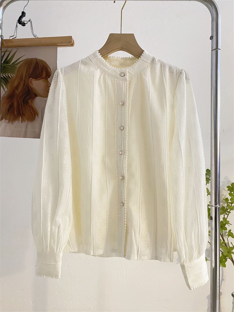 

Французская кружевная рубашка с круглым вырезом, верхняя часть, офисная женская элегантная рубашка с длинными рукавами, женская осенняя дизайнерская блузка с чувством моды M бежевый