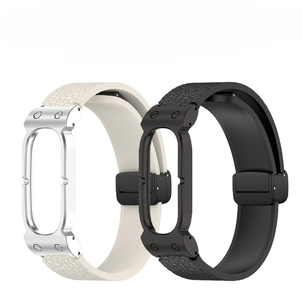 Fold Magnetic Buckle Silicone Band With Metal Armor Frame Lychee Grain Wrist Strap Compatible Google Fitbit Air