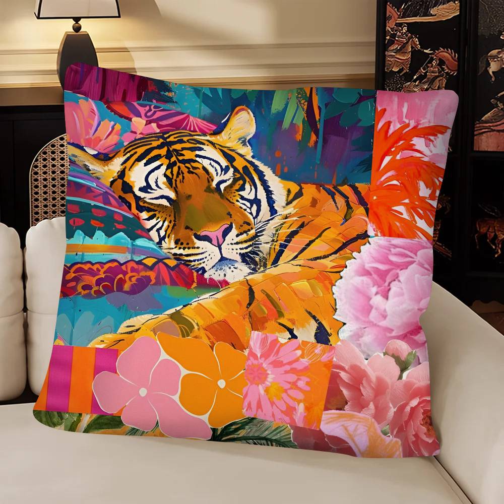 Tropical Rainforest Tiger Pillow Case Fashion Square Pillowcase Bedroom Sofa Room Ins Decoration Leisure