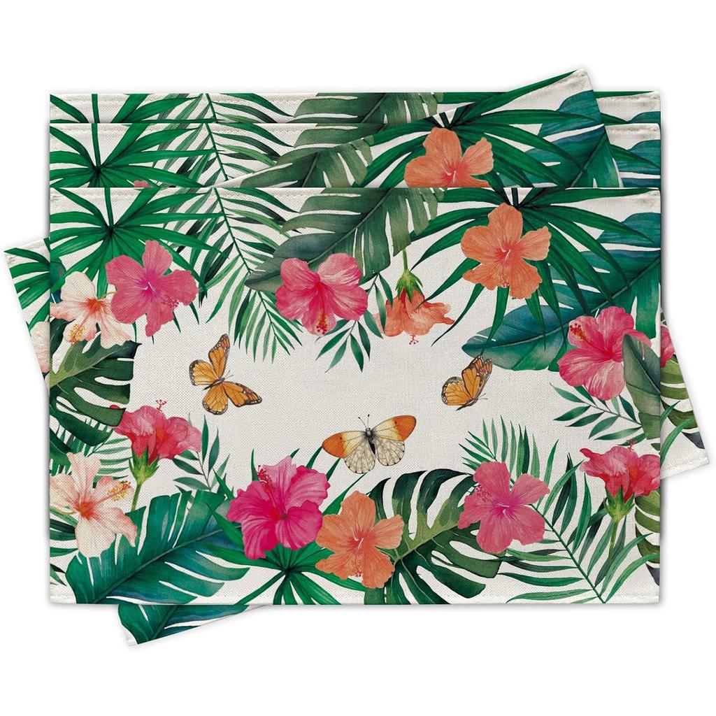 4/6pcs Tropical Plants Hibiscus Flower Table Mats, Spring And Summer Floral Palm Leaves Monstera Butterfly Dining Place Mats for Table Decoration, Haw