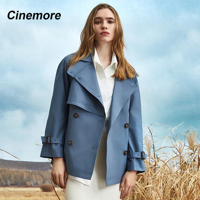 Cinemore Autumn Mid-Long Trench Coat for Women Casual Windbreaker Jacket Double Breasted Lapel Belted Windproof Chic Lady Coat