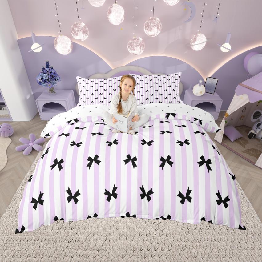 Comforter Homewish Kawaii Bowknot Cartoon Bowtie Bow Comforter Setpink Geometric Stripes Bed Set For Girl