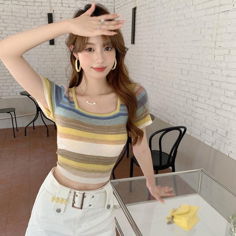 

Women s Short Sleeve Cropped Slim Fit Breathable Square Neck Striped One Size