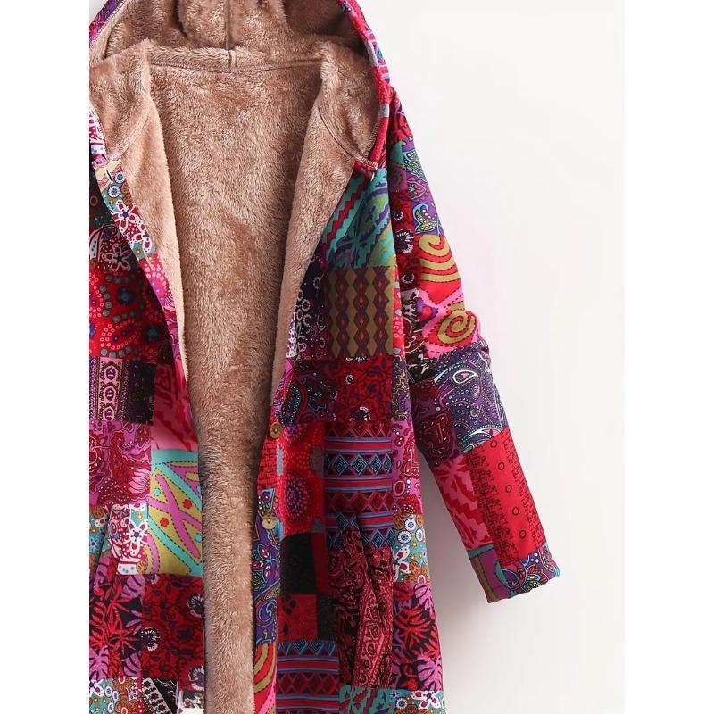Women S Ethnic Style Printed Hooded Loose Mid Length Cotton Coat