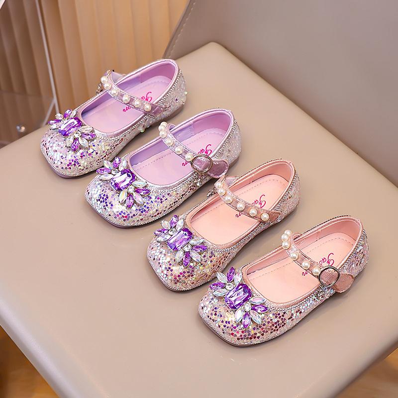 Cartoon fashion rhinestone sequins girls single shoes 2025 summer new shallow mouth children princess shoes baby crystal shoes