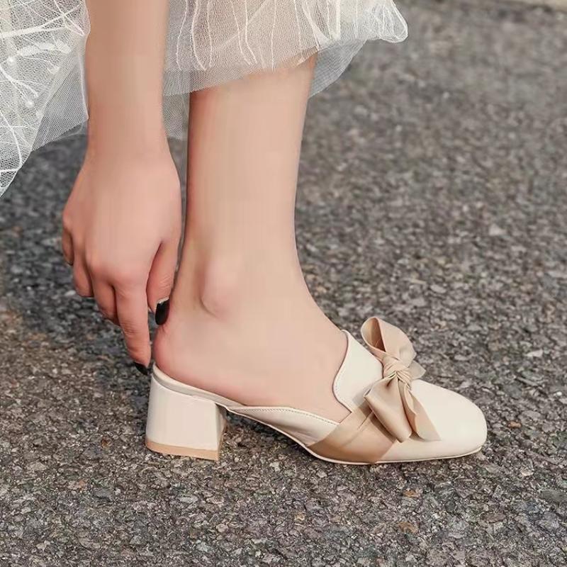 Fashion Cover Toe Half Slippers for Women's Flat Shoes Fashion Casual Bowknot Square Heel Slingback Slip-On Outdoors Slipper