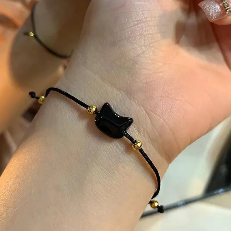 

New 2pcs Natural Moonstone Obsidian Rabbit Cat Couple Bracelets for Women Men Charm Cats Bracelets Fashion Jewelry Friends Gifts
