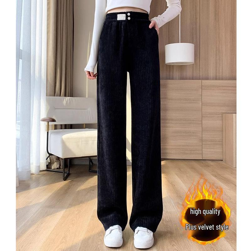 Petite Beige Fleece Chenille Wide-Leg Pants - Women’s High-Waisted Slim-Fit, Autumn/Winter Casual Straight-Leg XS-150
