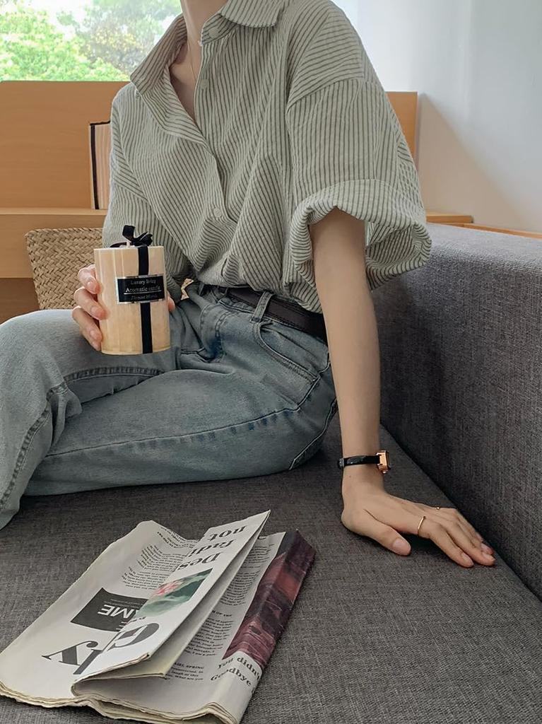 Short Striped Loose Summer [SPRING SEAON] Women's Shirt, Sleeve, Shirt, Top, V-Neck, Fit, Casual, Feminine, Cute, Top, Spring,