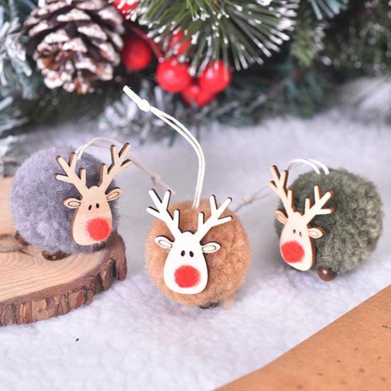 Pom Pom Reindeer Christmas Ornament Plush Elk Hanging Ornaments Wooden Deer Slices Xmas Tree Pendants for Home Party Holiday Decor