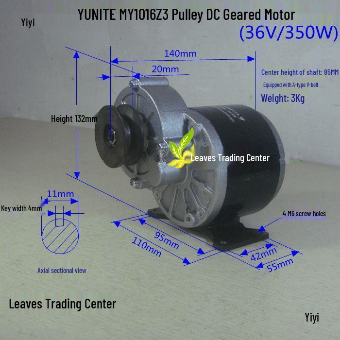 24V 250W Elektromotor für Elektrofahrzeuge mit 350W Getriebe und langem Schaft - Modell MY1016Z2