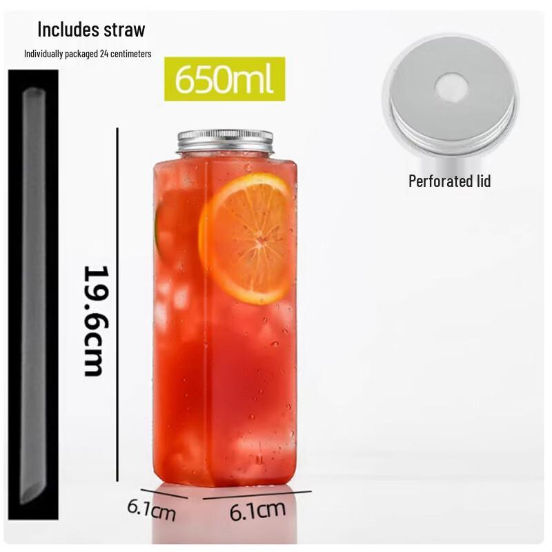 Disposable Rectangular Plastic Milk Tea Cups (650ml, with Lid & Straw)