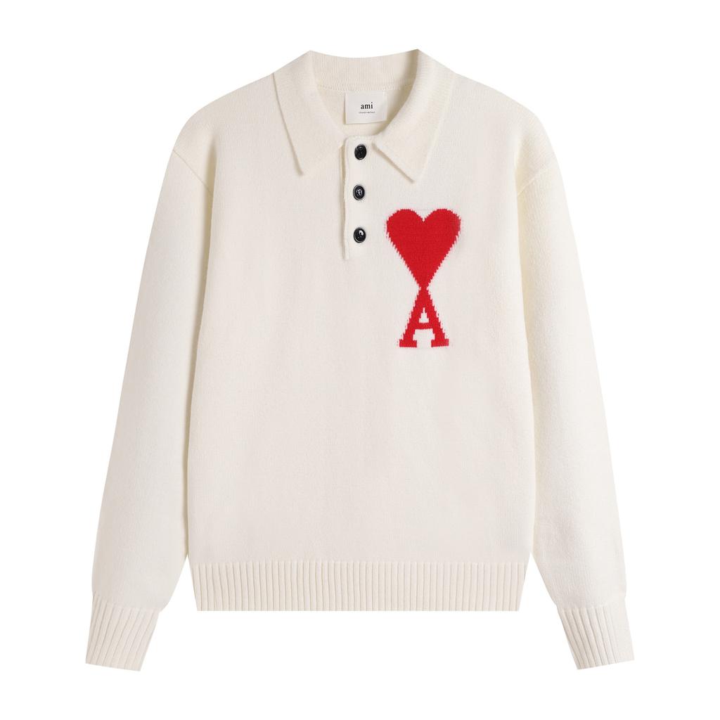 AMI New Polo Collar Knitted Sweater Jacquard Love Couple Woolen Sweater