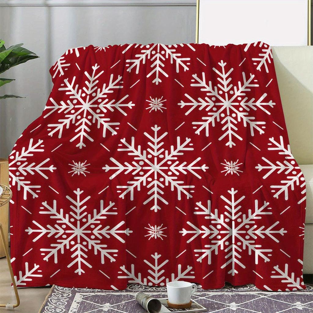 Vintage Christmas Snowflake Print Flannel Throw Blanket - Digital Printing, Soft Cozy Warm Polyester, Knitted Multipurpose Bed