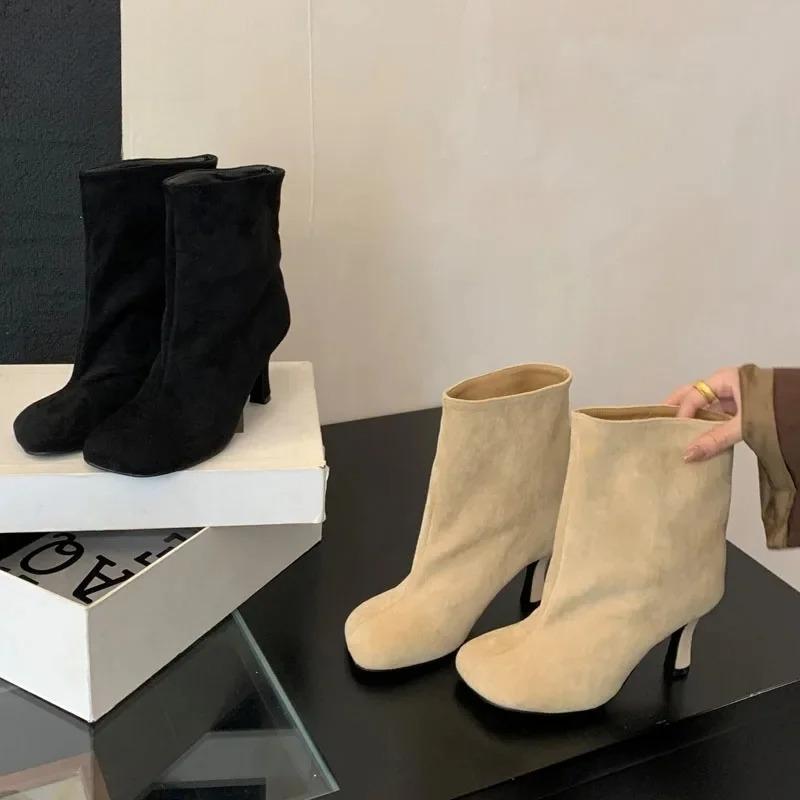 Fashion Shoes for Women Street Style Black Ankle Boots Autumn Thin Heels Shoes Women Winter Concise Chelsea Short Botas Mujer