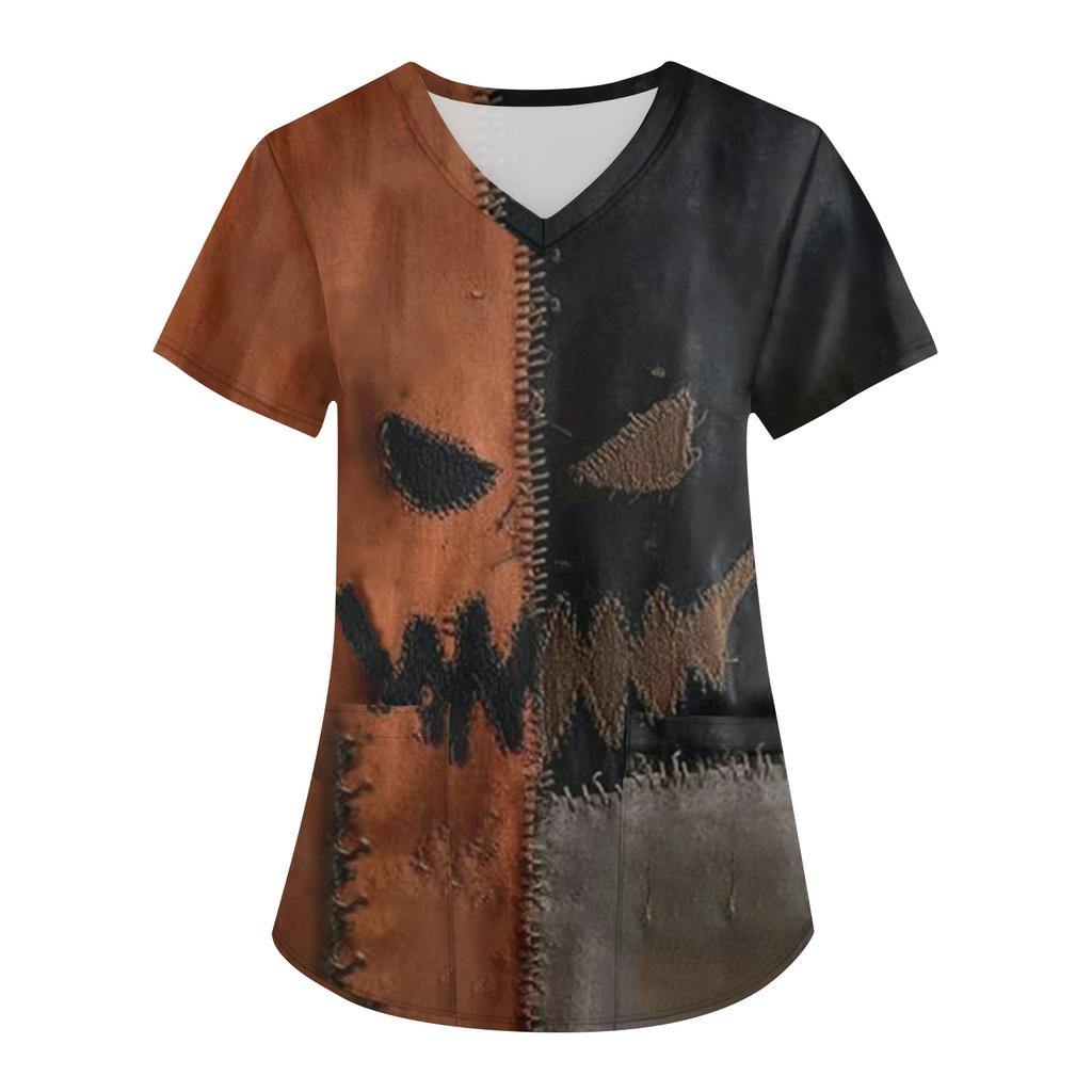Women's Printing Uniform Work Uniform V-neck Pockets Basic Short Sleeve Pullover Top