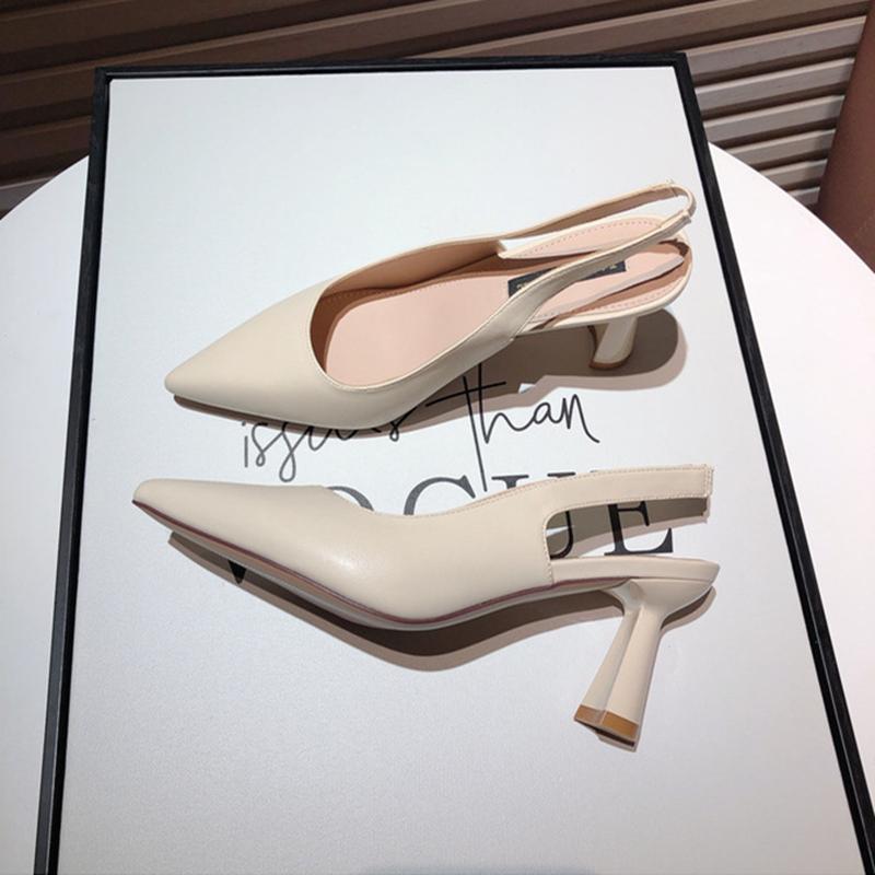 Baotou Comfortable Sandals Summer One Word Buckle Thick Heels High Heels All -Match Soft Leather High -Heeled Shoes