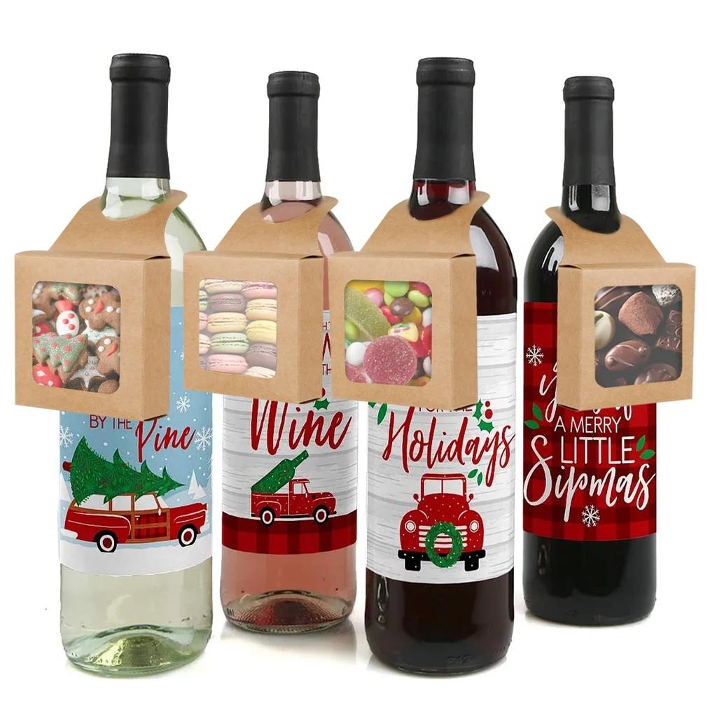 Kraft Paper Red Wine Gift Box with Hooks Window Opening Box Creative Jewelry Ear Hanging Simple Portable Box