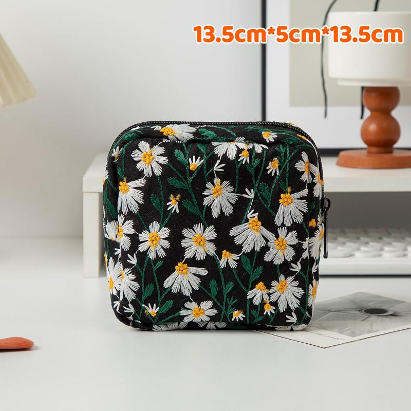 Floral Embroidery Women Cosmetic Bag Canvas Zipper Make Up Bag Travel Washing Makeup Organizer Sanitary Napkin Pouch Storage
