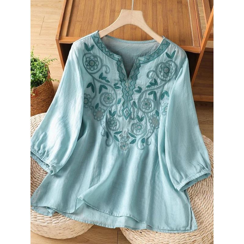Vintage Embroidered Lace Collar Loose Fit Summer Blouse