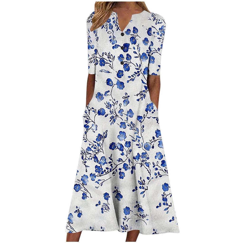 Floral Print V-Neck Mid-Sleeve Casual Dress with Pockets, Button Front, Loose Fit - White/Light Blue/Pink